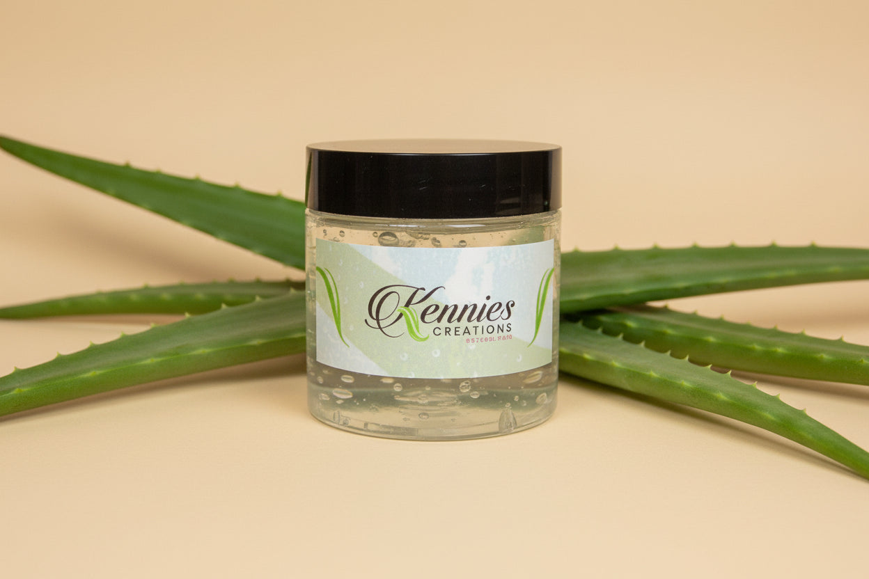 Two jars of Kennies Creations product on a white surface with green leaves in the background.